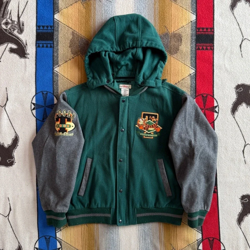 Vintage Disney Store Tigger Varsity Jacket Green Wool Blend Hooded Bomber Mens M - Picture 1 of 12